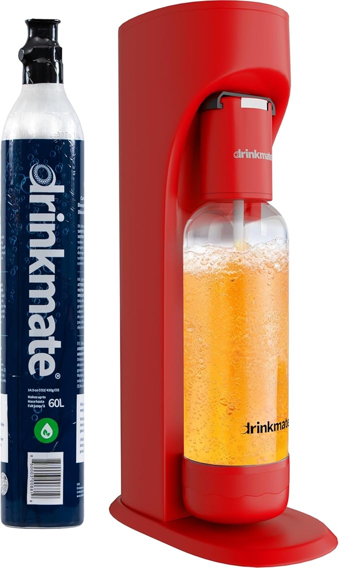 Drinkmate OmniFizz Sparkling Beverage Maker CO2 Bundle - Sparkling Water/Soda Streaming Machine That Carbonates Any Drink - Includes 1 CO2 Cylinder, 1 Carbonation Bottle, 1 Fizz Infuser - Royal Red
