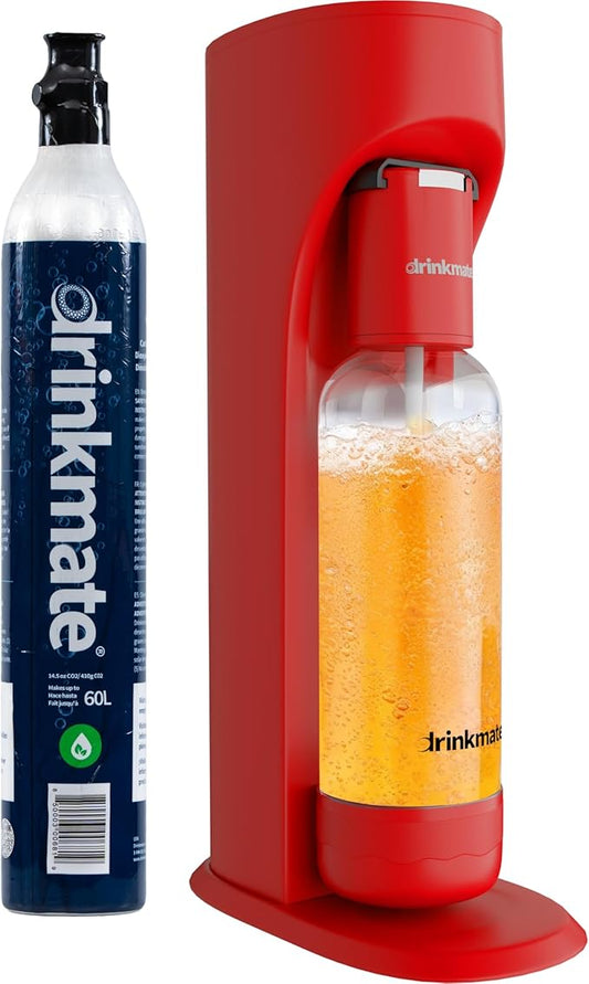 Drinkmate OmniFizz Sparkling Beverage Maker CO2 Bundle - Sparkling Water/Soda Streaming Machine That Carbonates Any Drink - Includes 1 CO2 Cylinder, 1 Carbonation Bottle, 1 Fizz Infuser - Royal Red