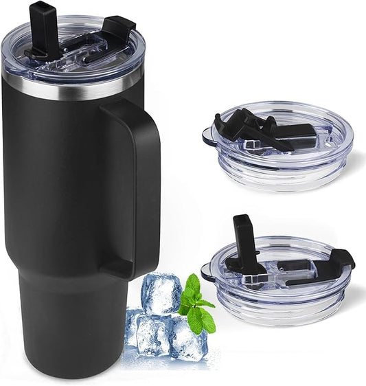 40 oz Tumbler with Handle and Flip Straw, 100% Leakproof Insulated Tumbler with Lid and Straw, Stainless Steel Travel Coffee Mug, Insulated Coffee Thermal Cup for Cold and Hot (Black)