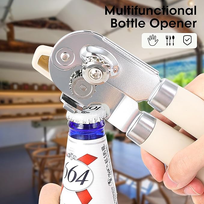 Beneno Can Opener Manual with Magnet, Hand Held Heavy Duty Can Opener with Durable Sharp Blade Smooth Edge, Big Effort-Saving Knob, Soft Grip Rubber Handle, Multifunctional Bottle Opener, Beige