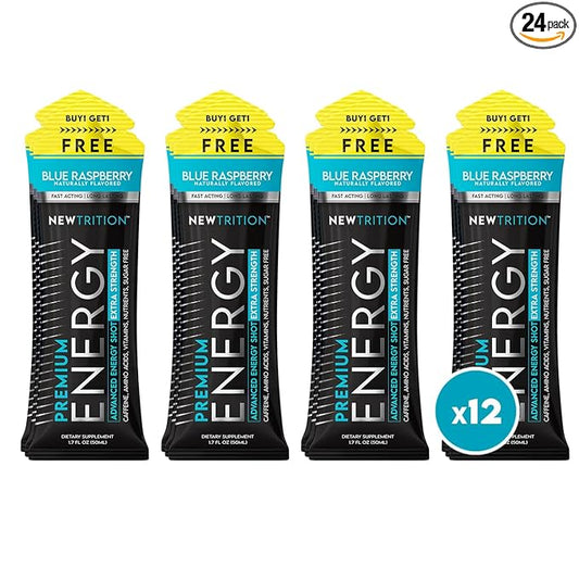 NewTrition® Extra Strength Energy Shots, 250mg Caffeine Energy Shots with Vitamin B & Amino Acids, Sugar-Free Vitamin Energy Shot, 1.7 fl oz (Pack of 12, Blue Raspberry)