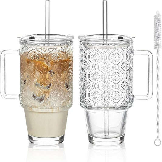 KEMORELA 2 Pack 24oz Glass Tumbler with Straw and Lid - Iced Coffee Cups with Handle, Reusable Smoothie Cup for Cold Drinks, Begonia Pattern, Dishwasher Safe