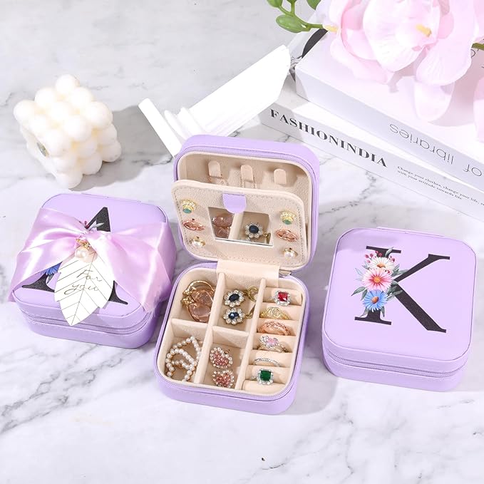 AYGXU maid of honor gifts,initial glass cups with lids and straws 16oz,iced coffee cup,Travel Must Have Jewelry Box set,travel Jewelry Case Organizer,Birthday Gifts,Initial A purple