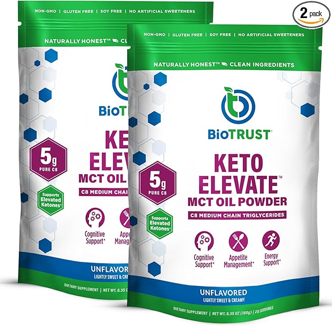 BioTrust Keto Elevate – C8 MCT Oil Powder – Ketogenic MCT Coffee Creamer, Keto Coffee Creamer – Clean Energy, Mental Focus & Clarity – 100% Caprylic Acid MCT Powder, Non-GMO (Unflavored, 40 Servings)