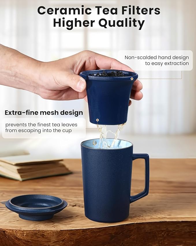 15 OZ Porcelain Tea Infuser Cup with Lid,Ceramic Tea Mug with All-Porcelain Strainers for Loose Leaf Teas,Microwave and Dishwasher Safe Coffee Mug,Metal-Free,BPA-Free,Gifts for Tea-Lover (Blue)