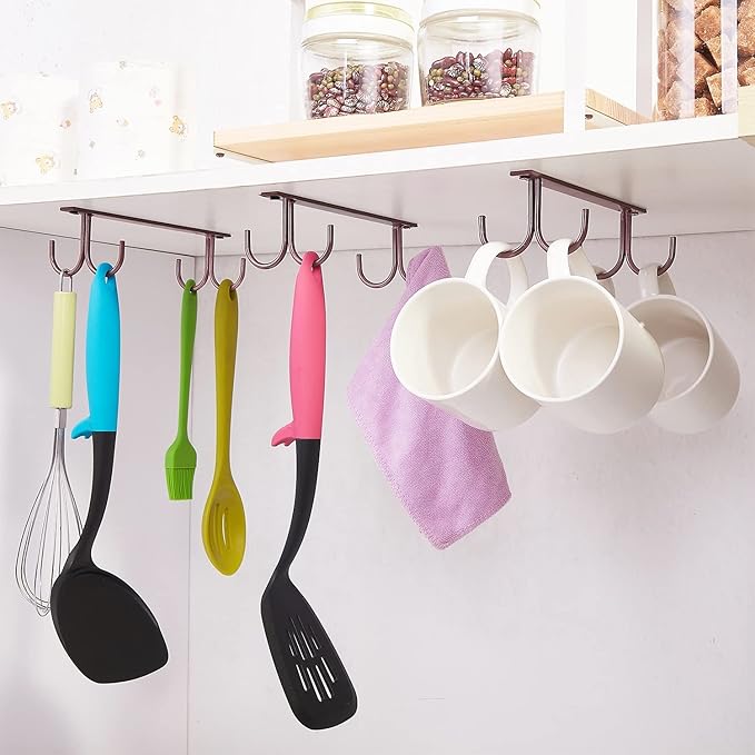 Mug Rack Under Cabinet - Coffee Cup Holder, 12 Mugs Hooks Under Shelf, Display Hanging Cups Drying Hook for Bar Kitchen Utensils Brown