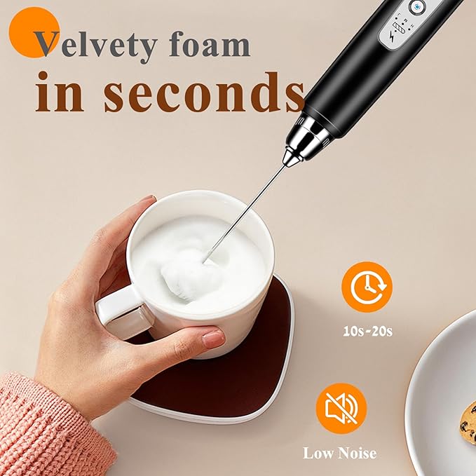 Milk Frother Handheld Rechargeable with Stand, Frother Wand Drink Mixer Electric Whisk for Coffee, Detachable With 3 Stainless Whisks, Hand Mixer for Lattes, Cappuccino, Matcha, Egg, Black
