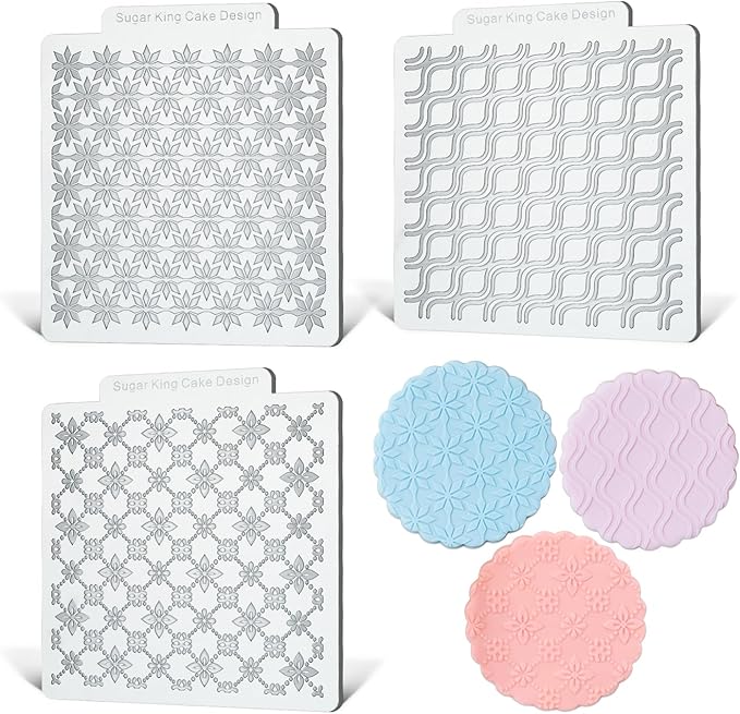 KALAIEN 3 Pack Cookie Embosser Set, Fondant Impression Mats Acrylic Embosser for Fondant Stamps, Texture Sheets for Polymer Clay, Chocolate, Cupcake Topper, Fondant Molds-Style 3