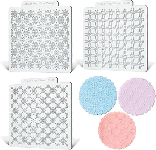 KALAIEN 3 Pack Cookie Embosser Set, Fondant Impression Mats Acrylic Embosser for Fondant Stamps, Texture Sheets for Polymer Clay, Chocolate, Cupcake Topper, Fondant Molds-Style 3