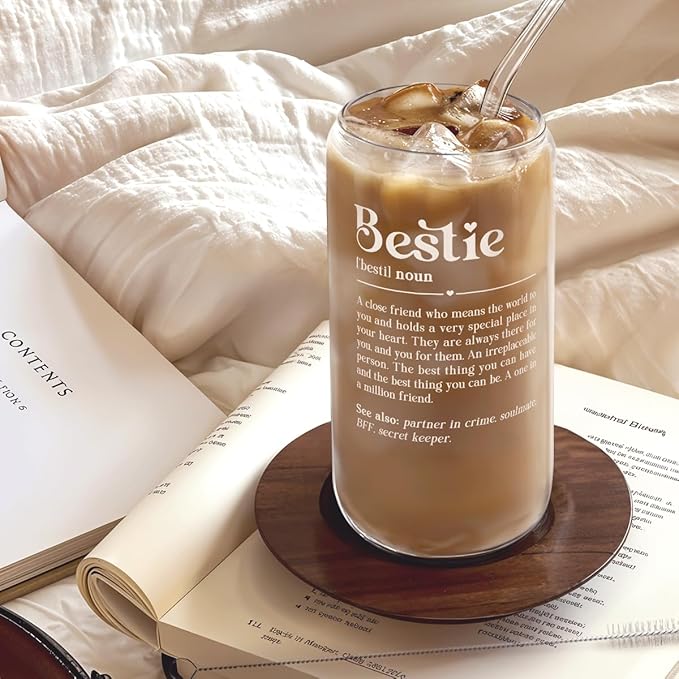 SANDJEST Best Friend Glass Can, Besties Definition Cup with Lid & Straw, Iced Coffee Aesthetic Cups, Gift for Christmas Birthday Mother Day, Gifts for Women Friends Sisters, 16oz