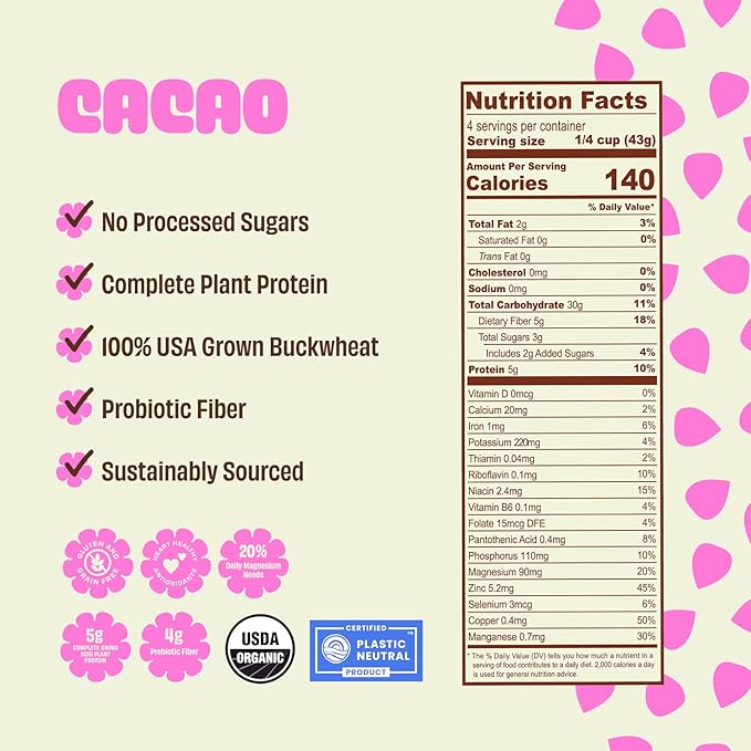 Lil Bucks Sprouted Regeneratively Grown Buckwheat Seeds– Paleo Cereal, Gluten-Free Granola, High in Protein, Low Sugar, Organic Superseed Crunch (CACAO, 6 Pack)