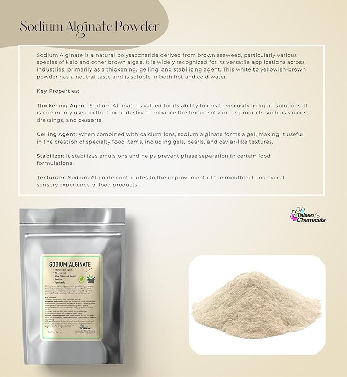 Sodium Alginate (16 Ounce / 453 Grams) Pure Sodium Alginate Powder Food Grade Powder for Thickening, Perfect for Making Luxurious Caviar Spheres, Desserts, Meatloaves by Talsen Chemicals