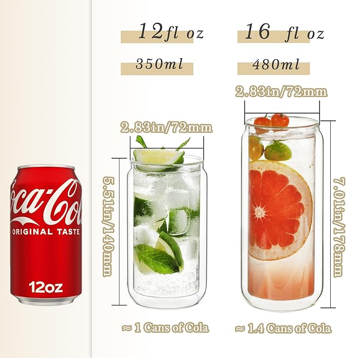 LIBWYS 12oz Double Wall Drinking Glass Cup with Bamboo Lid and Straw, 1 Pc Set – Condensation Resistant Insulated Glass Can Tumbler for Cold Drinks, Iced Coffee, Tea, Juice, Cleaning Brush