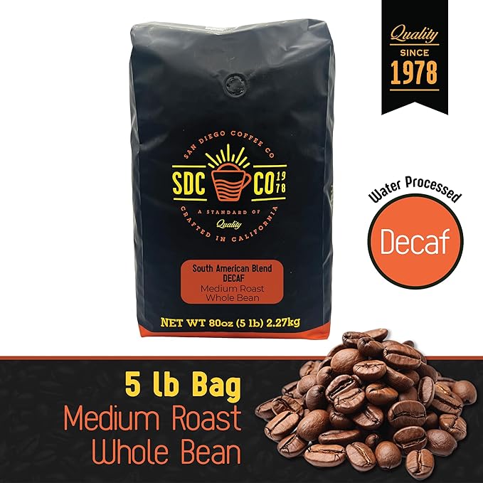 San Diego Coffee DECAF South American Blend, Medium Roast, Whole Bean Coffee, 5-Pound Bag Café en grano tostado descafeinado
