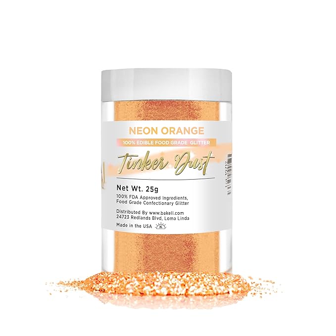 BAKELL Neon Orange Edible Glitter, 25 Grams | TINKER DUST Edible Glitter | KOSHER Certified | 100% Edible Glitter | Cakes, Cupcakes, Cake Pops, Drinks, Dessert Vegan Glitter & Dusts (25g, Neon Orange)