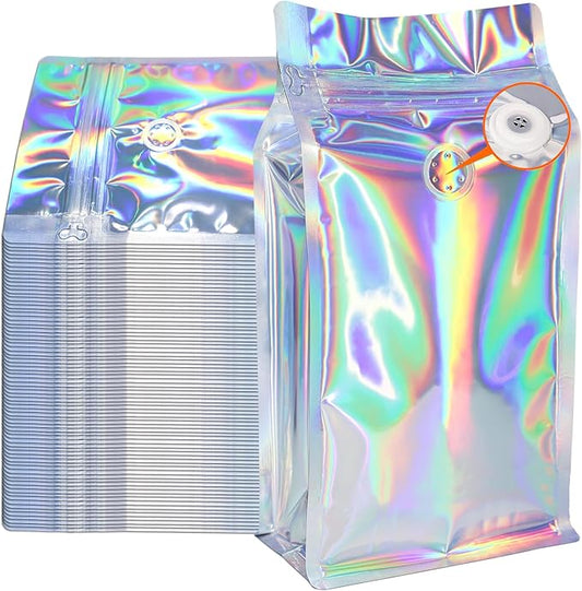 Coffee Bags with Valve (50 PCS,32oz/2lb) Holographic High Barrier Aluminum Foil Flat Bottom Standing Coffee Beans Storage Packaging Bags, Reusable Heat Seal Side Zipper Pouches for Small Business
