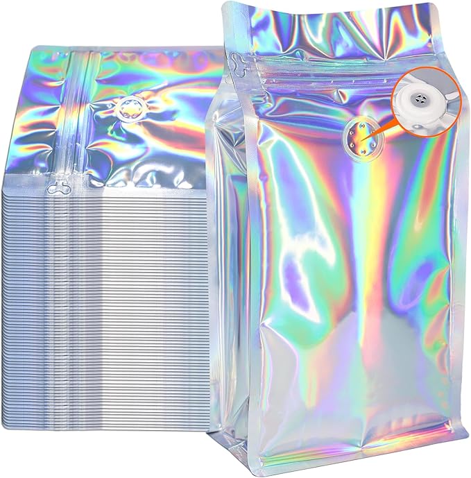 Coffee Bags with Valve (50 PCS,16oz/1lb) Holographic High Barrier Aluminum Foil Flat Bottom Standing Coffee Beans Storage Packaging Bags, Reusable Heat Seal Side Zipper Pouches for Small Business