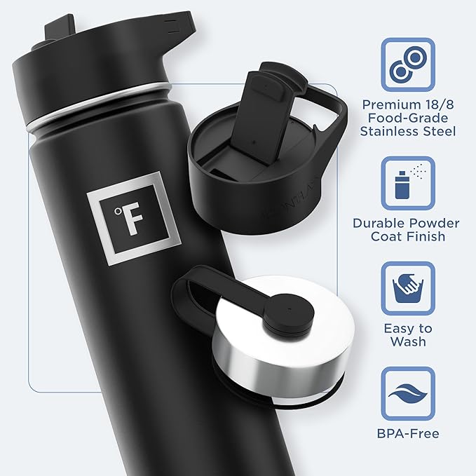 IRON °FLASK Camping & Hiking Hydration Flask with 3 Lids - Stainless Steel, Double Walled & Vacuum Insulated Water Bottle - Leak Proof & BPA Free (Dark Rainbow, Straw - 22 oz)