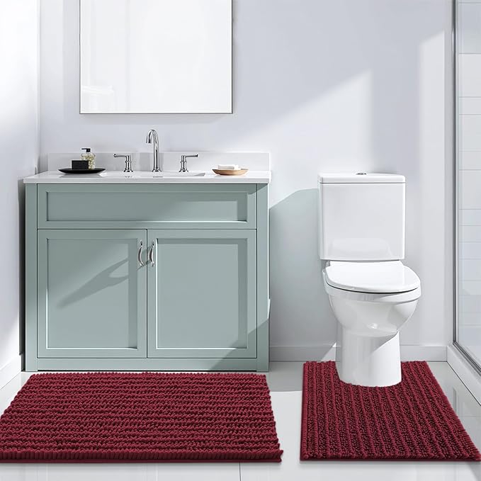 Arotive Luxury Chenille Bathroom Rug Mat, Extra Soft Thick Absorbent Shaggy Bath Rugs, Non-Slip Machine Wash Dry, Plush Bath Mats for Bathroom, Shower and Tub, 24x16, Burgundy