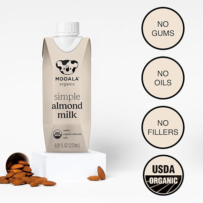 Mooala Organic Simple Almondmilk - -Shelf Stable Single Serve Cartons, 3 Ingredients, No Gums, No Oil, No Fillers Unsweetened, Dairy Free Milk, On The Go 12 Pack