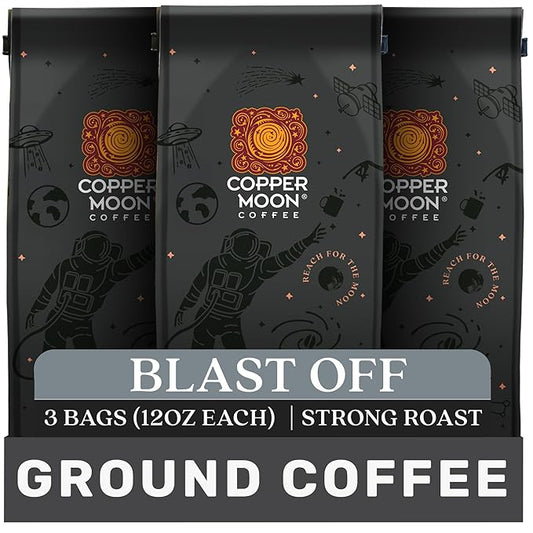Copper Moon Ground Coffee, High Caffeine Blast Off Blend, Strong Roast, 3 Bags (12 oz. Each)
