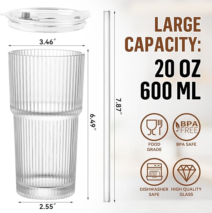 20 oz Glass Cup with Lid and Straw, Glass Tumbler with Straw and Lid, Vintage Glassware for Whiskey Cocktail Beer, Iced Coffee Cups with Lid (3 PACK)