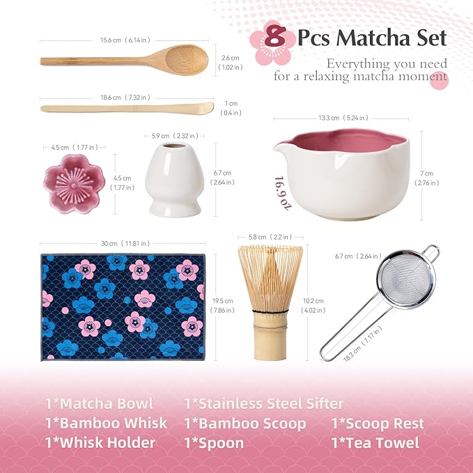 Matcha Whisk Set, 8Pcs Floral Ceramic Matcha Set with Matcha Whisk, Holder, Scoop, Scoop Rest, Sifter, Spoon and Tea Towel - Thoughtful Matcha Whisk Gift for Matcha Lovers (Beige & Pink)