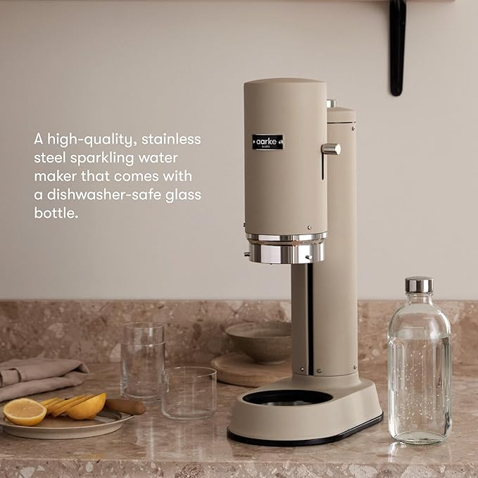 Aarke Carbonator Pro, Sparkling & Carbonation Water Machine, Stainless Steel with Glass Reusable Bottle Volume 800 mL/27 fl oz and CO2 Cylinder (Sand)