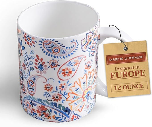 Maison d' Hermine Coffee Mug with Handles Fine Bone China Mugs Pack of One Tea Cups for Hot Beverages Cappuccino Latte Home Restaurant Office Perfect for Gift (Indian Floral - Paisley, 12 Ounce)