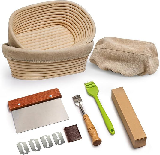 Rorecay Banneton Bread Proofing Baskets Set of 2, 10 Inch Oval Cane Sourdough Bread Rising Basket Bowls with Sourdough Bread Lame Dough Scraper Basting Brush for Sour Dough Proofing Fermentation