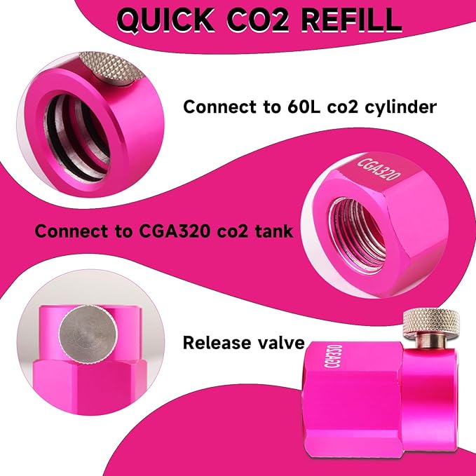 Quick Connect CO2 Refill Adapter for Soda Maker Pink CO2 Cylinder, CGA320 CO2 Tank Connector Kit for Filling 60L CO2 Canister Compatible with DUO ART TERRA GAIA Machines