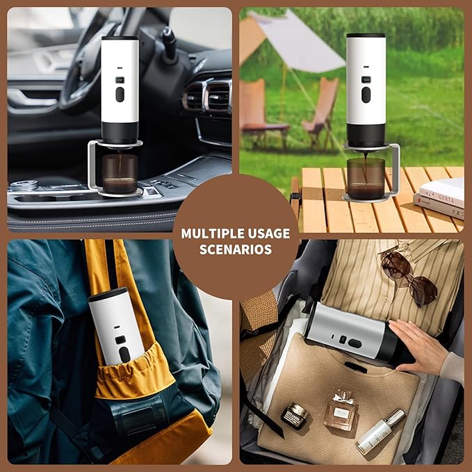 3-in-1 Portable Coffee Maker, Espresso Machine, Self-Heating Travel Coffee Maker Compatible with NS, DG Pods & Ground Coffee, Small Mini Espresso Machine for Car Camping, Hiking With Stand (white)