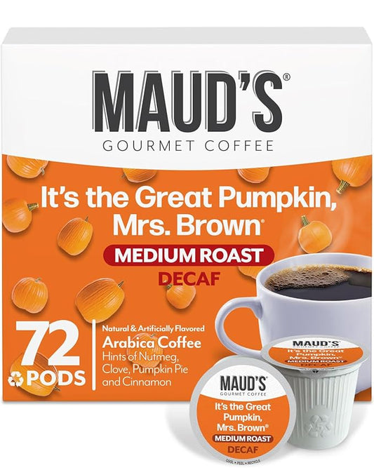 Maud's Decaf Pumpkin Spice Flavored Coffee Pods, 72 ct, Medium Roast Flavored Coffee in Recyclable Single Serve Pods – 100% Arabica Beans, Compatible with Keurig K Cups Maker