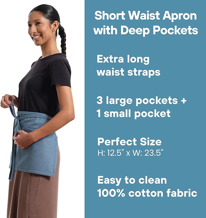 MEEMA Waist Aprons For Women With Pockets | Stylish Server Kitchen Apron Short, 23x13 Inches | Breathable Chef Apron for Cooking | Washable Cooking Aprons