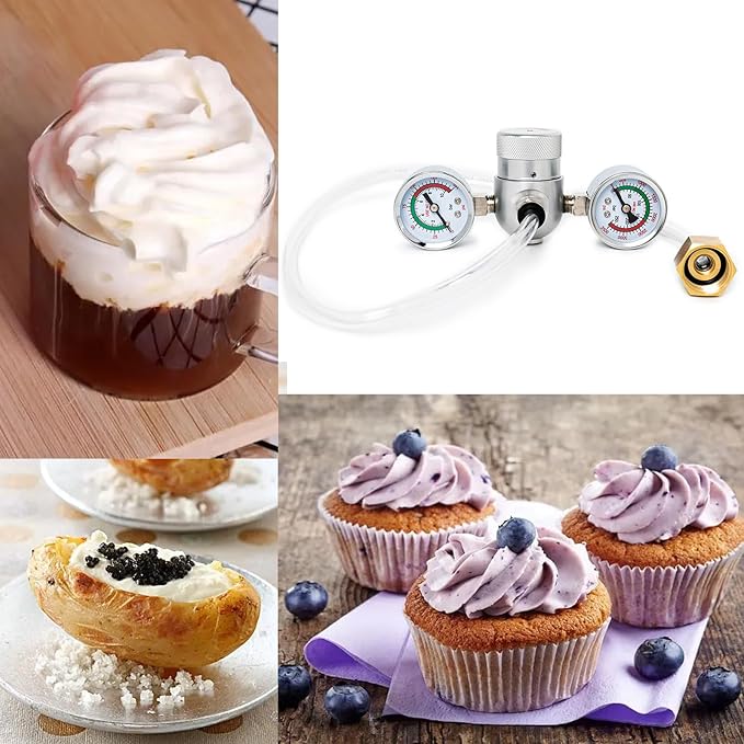 Pressure Regulator Valve for 0.95L/580g Whipped Cream Charger Tank with Hose Line & Adapter - Adjustable N2O Gas Regulator for Cream Dispenser, Cake, Cocktails