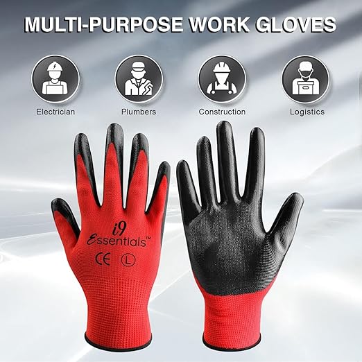 I9 Essentials Nitrile Coated Work Gloves - 12 Pairs Large, Durable, Breathable Safety Gloves for Construction, Gardening, Carpentry – Washable, Reusable for men and women