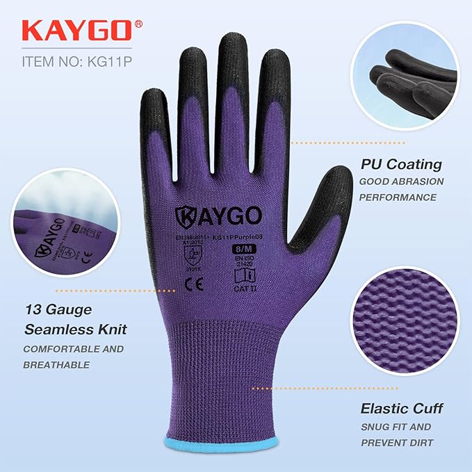 KAYGO Safety Work Gloves PU Coated,12 Pairs KG11PB Seamless Knit Glove for Men and Women, with Smooth Grip on Palm and Fingers, Ideal for General Duty Work (XL, Purple)