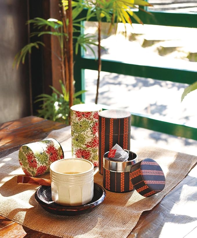Japanese Pokkan Coffee Spice Tea Tin Canister Washi Paper Storage with Lid 7.05 oz Capacity (Touka)