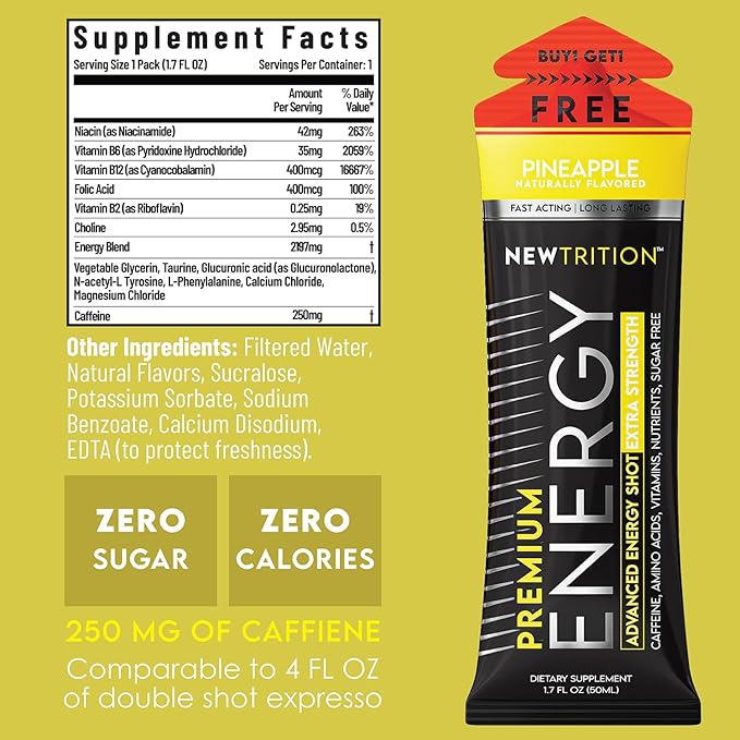 NewTrition® Extra Strength Energy Shots, 250mg Caffeine Energy Shots with Vitamin B & Amino Acids, Sugar-Free Vitamin Energy Shot, 1.7 fl oz (Pack of 12, Pineapple)