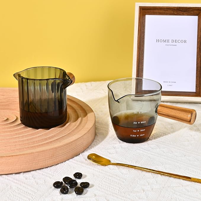 Glass Measuring Cup, 3oz Espresso Shot Glass with Wood Handle, Double Spouts Measuring Cups Pitcher Milk Cup Coffee Shot Glasses (Gray Ribbed)