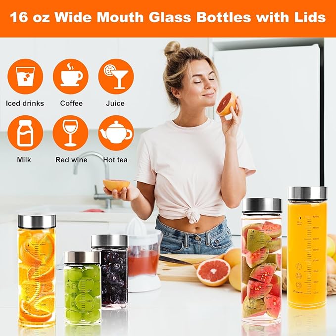 Glass Juice Bottles 4 Pack 12 oz - Wide Mouth Glass Water Bottles with Lids - for Juicing, Protein, Smoothie, Milk, Reusable, BPA Free, Stainless Steel Lids, Blender, Shaker Bottle (12oz/400ml)