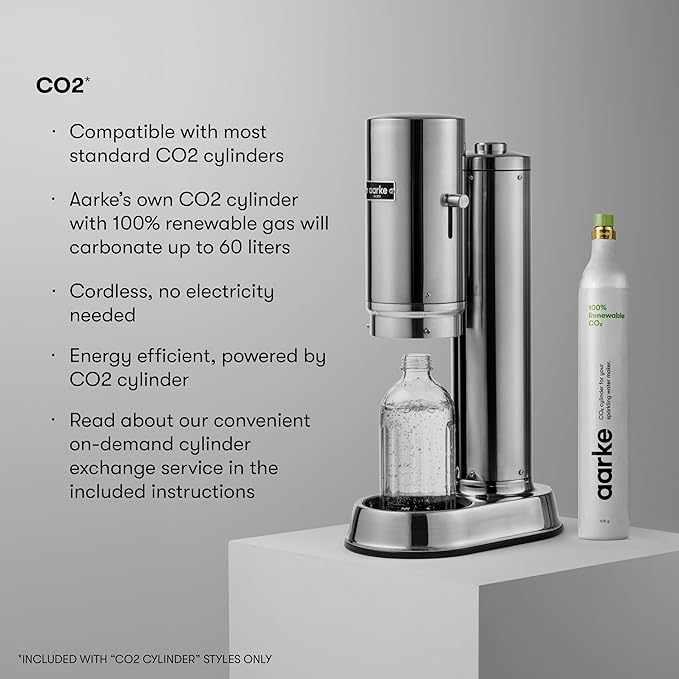 Aarke Carbonator Pro, Sparkling & Carbonation Water Machine, Stainless Steel with Glass Reusable Bottle Volume 800 mL/27 fl oz and CO2 Cylinder (Matte Black)