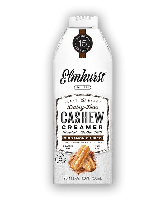 Elmhurst 1925 Cinnamon Churro Cashew Creamer - Dairy-Free, Vegan, Kosher, Low Sugar, Shelf Stable Creamer Made with Cashew & Oat Milk for Healthier Coffee, Latte and Smoothies - 25.4 Ounce (Pack of 6)