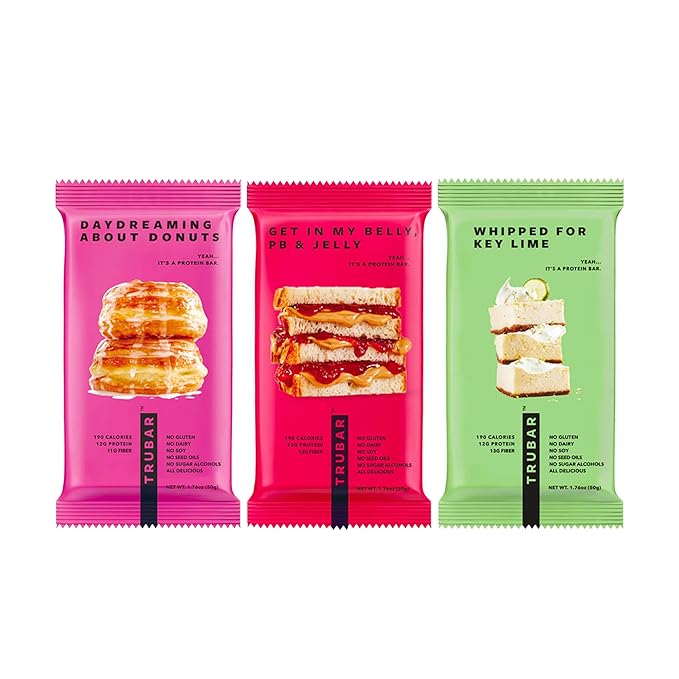 TRUBAR Vegan Protein Bar Variety Pack, Assorted Flavors, Donuts, PB & Jelly, Key Lime, Gluten Free, Vegan Protein Snacks, 12G Plant-Based Protein, High Fiber, Healthy Protein Bars, 12 CT