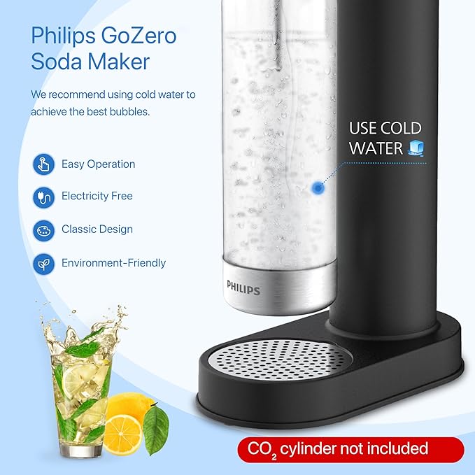 Philips Soda Streaming Machine, Stainless Sparkling Water Maker Easy Install with Quick Twist 1L PET Carbonating Bottle, Soda Maker Compatible with 60L CO2 Carbonator (NOT Included), ADD4902BKOQ/37