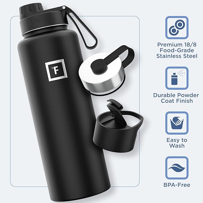 IRON °FLASK Camping & Hiking Hydration Flask with 3 Lids - Stainless Steel, Double Walled & Vacuum Insulated Water Bottle - Leak Proof & BPA Free (Blue Waves, Spout - 40 oz)