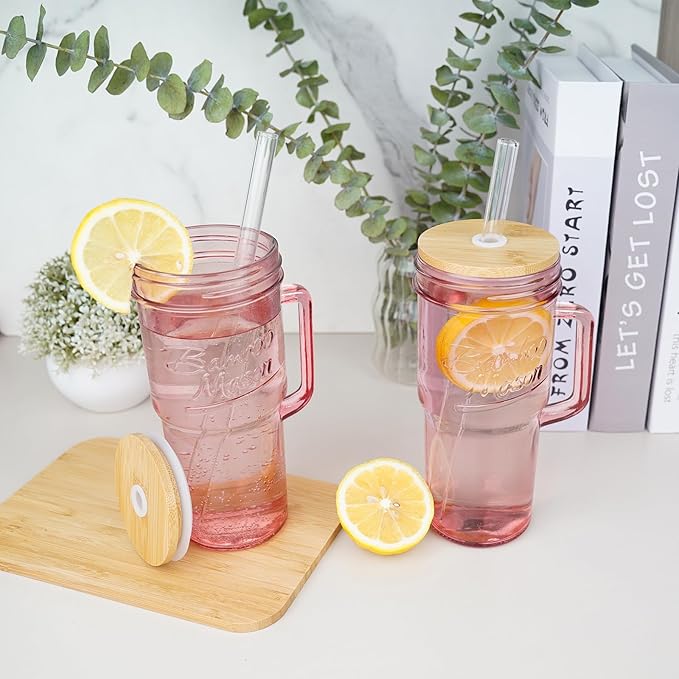ANOTION Glass Cups with Handle, 24oz Glass Cups with Lids and Straws Travel Coffee Mug Bamboo Mason Jar Iced Cup Smoothie Tea Clear Cute Water Drinking Jars Glasses