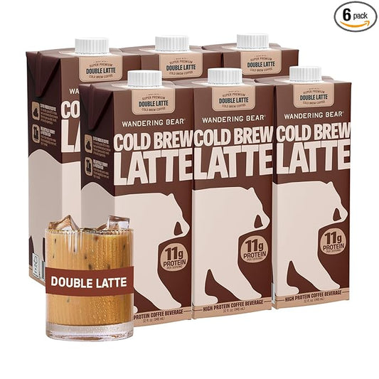 Wandering Bear Double Latte Organic Cold Brew Coffee — 32 fl oz, 6 pack - Creamy High-Protein Cold Brew Latte, 11 g Protein, Only 100 Calories, 5 g Sugar, Double Shot Strength (Shelf-Stable)