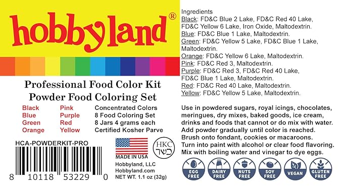 Hobbyland Powder Food Color Kit, Professional Powder Food Coloring Set, 8 Colors, 4 Gram Jars