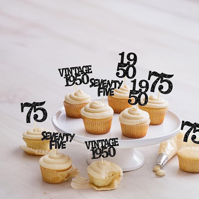 Gyufise 24Pcs Vintage 1950 Cupcake Toppers Glitter Cheers to 75 Fabulous Seventy Five Cupcake Picks 75th Birthday Wedding Anniversary Party Cake Decorations Supplies Black